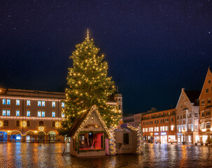 Illuminated christmas tree in Augsburg at night