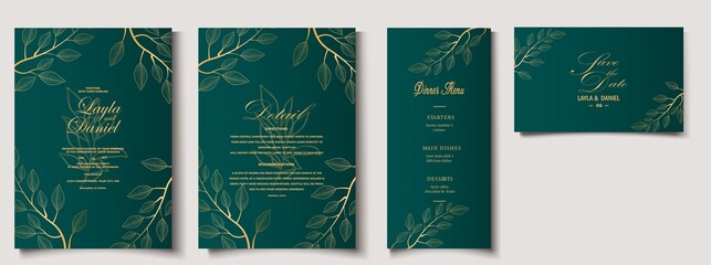 Wedding Invitation, floral invite thank you, rsvp modern card Design in copper peony with green and tropical palm leaf greenery eucalyptus branches decorative Vector elegant rustic template
