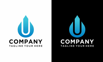 Letter U water drop logo. Blue aqua logo design vector template. on a black and white background.