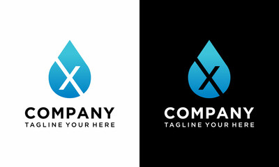 Letter X water drop logo. Blue aqua logo design vector template. on a black and white background.