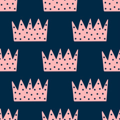 Simple seamless pattern with repeating crown with dots. Drawn by hand. Cute vector illustration. - 475371729