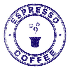 Blue ESPRESSO COFFEE round seal stamp. ESPRESSO COFFEE caption and icon are inside round shape. Rough ESPRESSO COFFEE seal in blue color, with corroded texture, and an icon image in the center.