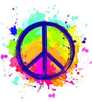 Peace sign over abstract colorful paintbrush splashes color dot grunge background. Peace hippie symbol