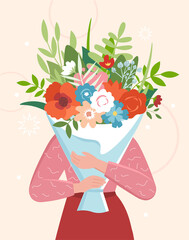 Person with flowers. Character covers his face with large bouquet, nature and love for plants, floristry. Gift to beloved wife or girlfriend, holidays, present. Cartoon flat vector illustration