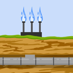 Gas pipeline and equipment. Gasmain with blue fire. Industrial transportation of gas in pipe underground. Cross-sectional view. Flat infographics