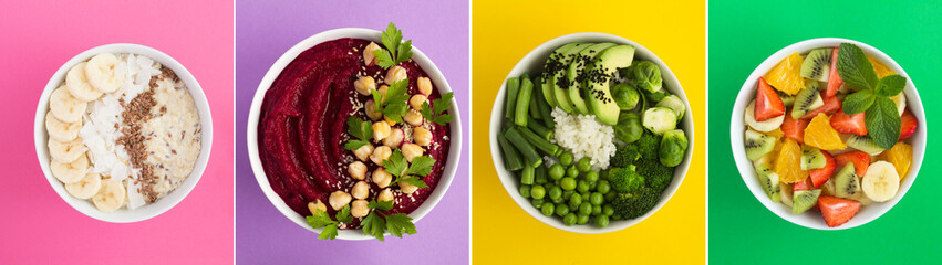 Collage of healthy food. Top view of oatmeal, smoothie with beetroot, vegan poke bowl and fruit...