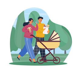 Young parents with baby. Family walking in park, fresh air, nature, flora. Husband and wife spend time with newborn, active lifestyle, summer. Toddler in carriage. Cartoon flat vector illustration