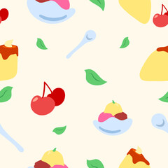 Padrão de sobremesa. Sorevete, cereja, colher, folha de menta.