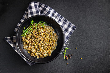 green lentils stewed bean sauce healthy meal food diet snack on the table copy space food background rustic