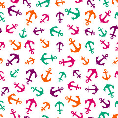 White seamless pattern with colorful anchors.