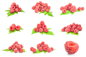 Group of ripe red raspberries isolated on a white cutout