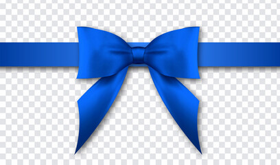 Realistic blue bow and ribbon isolated on transparent background. Vector illustration.