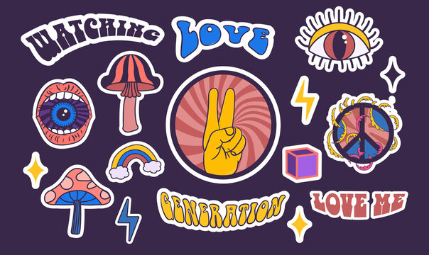 Psychedelic hippy stickers. Set of labels in vintage style. Collection of retro pictures. Bright and abstract patterns. Mushroom, lips. Cartoon flat vector illustrations isolated on violet background