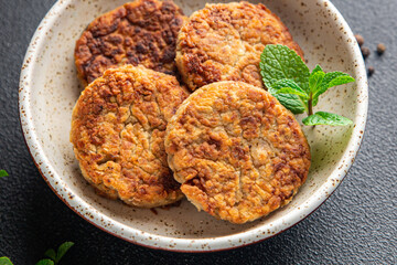soy meat cutlets vegetable meat healthy meal food diet snack on the table copy space food background rustic. top view keto or paleo diet veggie vegan or vegetarian food no meat