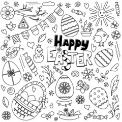 Big set of Easter symbols and objects, hand-drawn, doodles. Happy Easter, eggs decorated with patterns, basket with eggs, chickens, birds, spring flowers, treats. Vector elements on white background