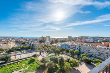 Naklejka premium Views from a high floor of the Molinar in Palma de Mallorca, with blue sky and sea views