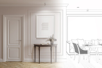 A sketch becomes a real modern classic room with a vertical poster next to the door, books, and flowers in a vase on a wooden console, a served table with chairs next to a sofa with pillows. 3d render