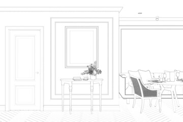 Sketch of the modern classic room with a vertical poster next to the door, books and flowers in a vase on a console, a served table with chairs next to a sofa with pillows. Front view. 3d render