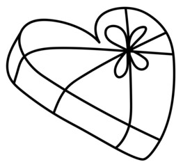 Hand drawn cartoon illustration of outline heart shaped gift box with bow. Cute doodle simple valentines day line art. Flat vector love, romantic sticker, icon or print. Isolated on white background.