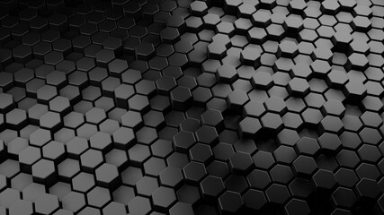 Dark background, hexagonal mosaic surface that can represent sci-fi, modern or minimalist concept