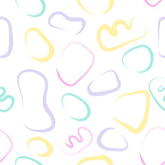 Abstract shapes with brush drawn contours in seamless pattern in minimal style.Soft art endless background for stationery, wallpapers,fabric,textile,linen, baby diapers, clothes, diaries.Vector