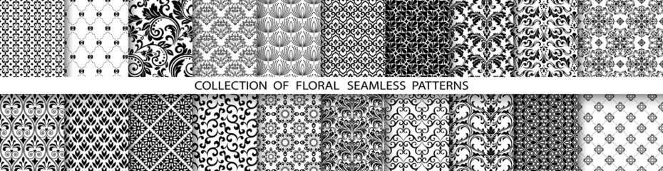 Geometric floral set of seamless patterns. Black and white vector backgrounds. Simple illustrations - obrazy, fototapety, plakaty