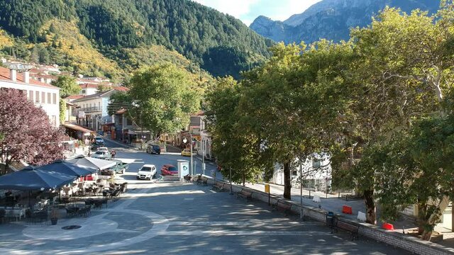 Aerial view over Konitsa town. Tymfi mount, Zagori, Epirus, Greece, Europe