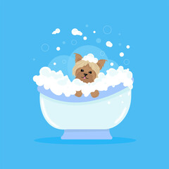 Illustration for a grooming studio, a character - a cute Yorkshire terrier puppy on a blue background takes a bath with foam