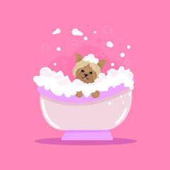 Illustration for grooming studio, character - cute Yorkshire terrier puppy on a pink background takes a bath with foam
