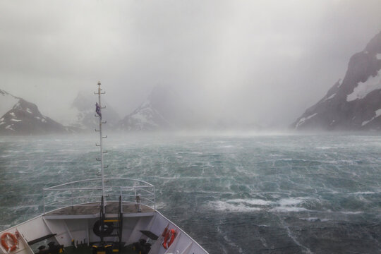 Southern Ocean, South Georgia, Drygalski Fjord. An Antarctic Storm Blows Up Where The Wind Flattens The Waves In This Protected Area.