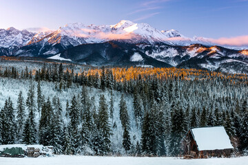 Tatras Mountains Range Snow Covered at Winter Sunrise - obrazy, fototapety, plakaty