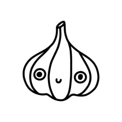 Cute kawaii garlic. Kind childrens vegetable character with eyes and a smile. Vector isolated line illustration on white background.