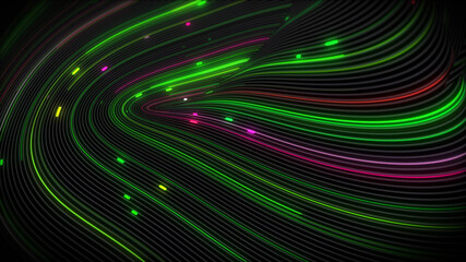 3D rendering of spiral bright vortex streams of light on a surface with lines