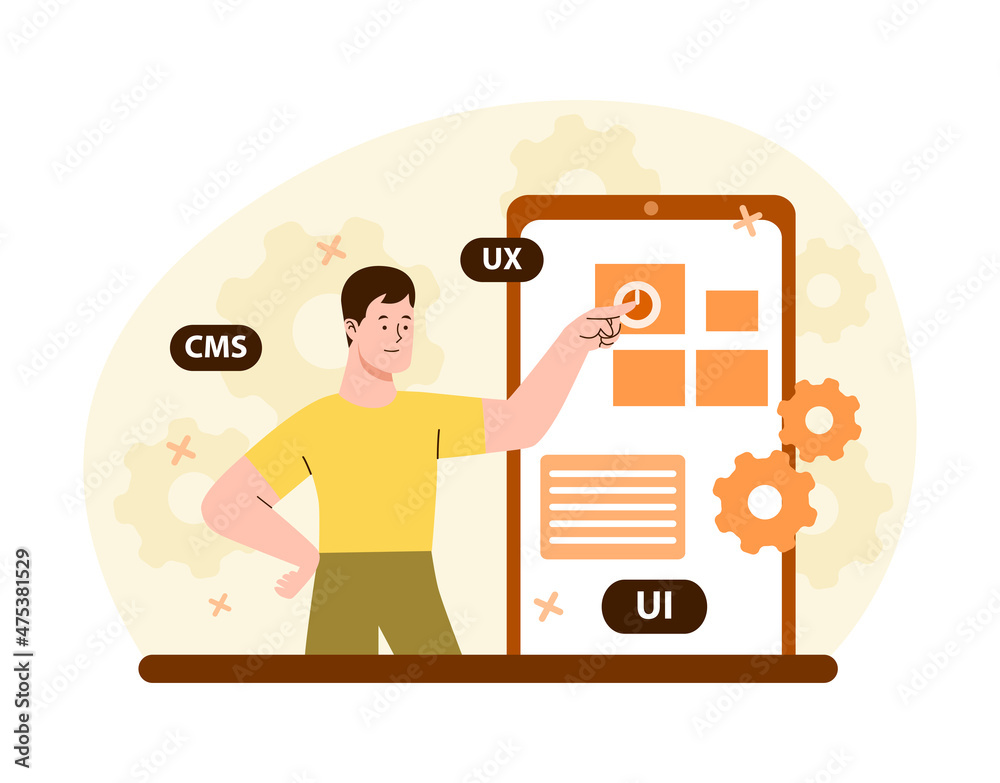 Poster designer working in smartphone. character creates graphic elements for development of application. d