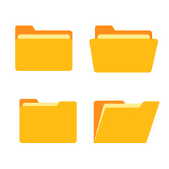 Set of four folder icon for search design. Yellow folder with magnifying glass. Open / Close folder. Flat vector illustration
