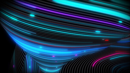 3D rendering of spiral bright vortex streams of light on a surface with lines