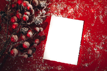 Christmas decoration on a red background. A branch of a Christmas tree with red berries on artificial snow with a text space in the form of a white sheet of paper. Flat lay