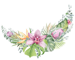 Watercolor floral frame. Frame from tropical flowers and leaves. Plants of Australia and Africa. For design holiday cards, birthday, wedding, valentine's day.