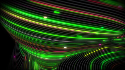 3D rendering of spiral bright vortex streams of light on a surface with lines