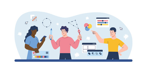 Design studio concept. Men and girls create website page layout. Development team offers template. Group of designers at work, freelancers, coworking, company. Cartoon flat vector illustration