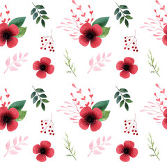 Watercolor seamless floral pattern with poppies and herbs on white background. Botanical background with red wildflowers and leaves for textile, prints, wrapping paper and scrapbook.