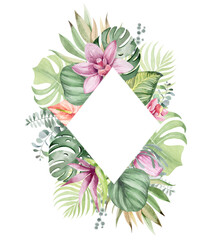 Watercolor floral frame. Frame from tropical flowers and leaves. Plants of Australia and Africa. For design holiday cards, birthday, wedding, valentine's day.