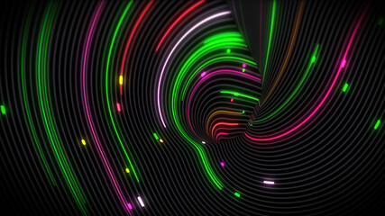 3D rendering of spiral bright vortex streams of light on a surface with lines