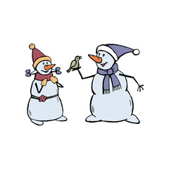 Funny snowmen look at a bird