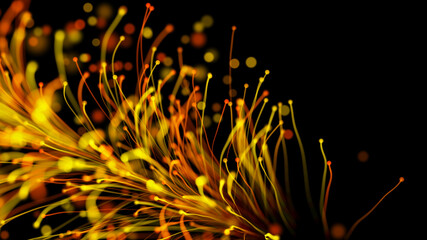 3D rendering of a stylish bright branch growing elegantly against a black background with particles