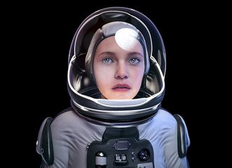 Young female astronaut with glass helmet and dramatic lighting