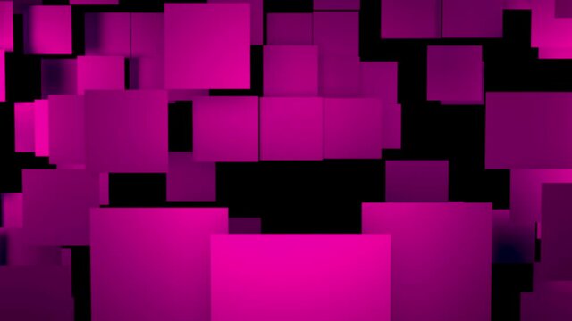 Bright Pink Abstraction. Design. Neon Squares Break Away From The Black Background And Fly Up The Screen In 3D Format.