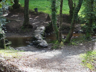 viejo puente sobre el rio catasol en otoño, de arquitectura popular, conocido con el nombre de los pasos porque de piedra a piedra se hace un paso, mellid, la coruña, galicia, españa