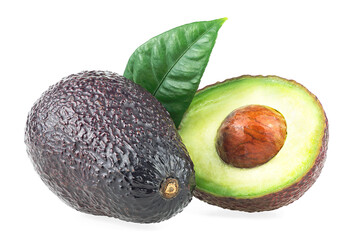 Fresh avocado fruits. Avocado with cut in half and green leaf isolated on a white background.