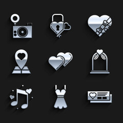 Set Two Linked Hearts, Woman dress, Ticket with heart, Wedding arch, Music note, tone hearts, Map pointer, Candy shaped box and bow and Photo camera icon. Vector